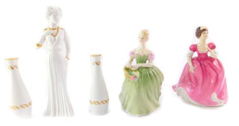 A Royal Doulton figure modelled as Clarissa HN2345., Francesca porcelain figure, Spode figure modelled as Eleanora by Pauline Shone, and a Spode salt and pepper decorated in the Golden Fern pattern. (5)