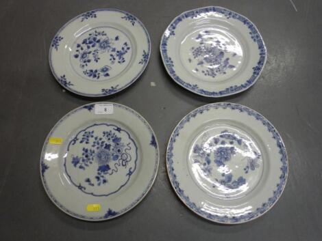 Four early 19thC Chinese blue and white plates