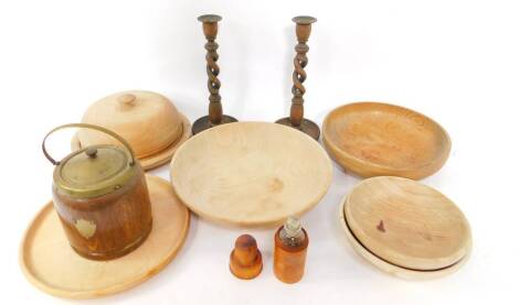 Various modern sycamore and oak treen bowls, cover, Victorian medicine bottle, pair of barleytwist candlesticks and oak biscuit barrel. (a quantity)