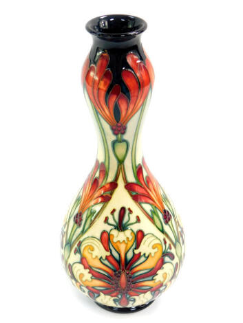 A Moorcroft pottery trial vase decorated in the Florian Dream pattern, designed by Rachel Bishop, of double gourd form, trial date 9-8-06, painted and impressed marks, 29.5cm high.