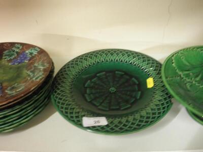 Two Majolica plates, each moulded with leaves and grapes and