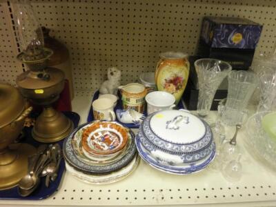 A brass tea urn, an oil lamp, a quantity of glass, china etc