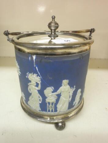 A Wedgwood Jasperware biscuit barrel with plated mounts