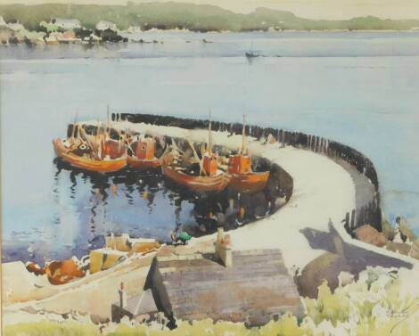 Albert Gordon Thomas RSW (Scottish, 1893-1970). Harbour scene with fishing vessels, watercolour, signed, 48cm high, 61cm wide.