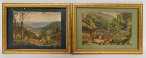 English School (Mid 19thC). Continental view, bridges across a gorge, watercolour, 23cm high, 35cm wide., English river landscape with farmstead and hills, watercolour, dated 20th Sept 1853, 23.5cm high, 33.5cm wide.