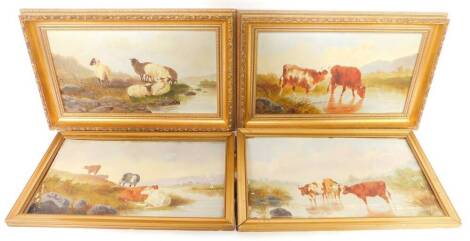 Manner of Thomas Sidney Cooper (British, 1803-1902). Cattle and sheep grazing and watering, oil on board, 18.5cm x 34.5cm (x2), 20cm x 35.5cm (x2). (4)