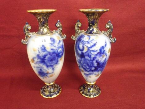 A pair of Wiltshire & Robinson flow blue two handled vases<br