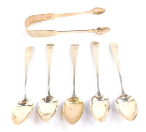 A set of five George V silver teaspoons, monogram engraved, Stephen Adams II, London 1821, together with a pair of Georgian silver sugar tongs, London 1820, 3.71oz.