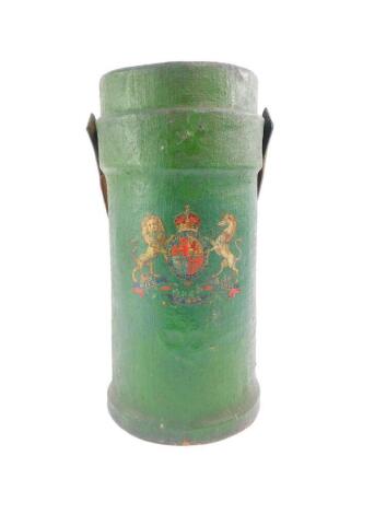 A Victorian green leather fire bucket, bearing the Royal coat of arms, with leather carrying handle, 44cm high.