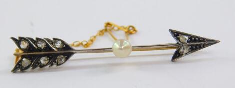 A Victorian pearl and diamond cupid's arrow bar brooch, set in white and yellow metal, with safety chain as fitted, 2.8g.