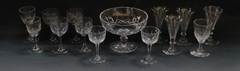 A Waterford cut glass pedestal fruit bowl, four Victorian fluted wine glasses, four glasses etched with fleur de lis and further glass ware. (a quantity)