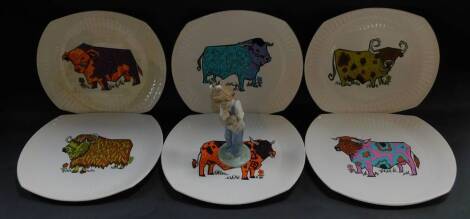 A set of six English Ironstone Pottery Ltd 'Beefeater' plates, decorated with cattle, steak and grill set, printed marks, 27.5cm wide, together with a Nao porcelain figure of a girl holding a doll, painted mark, 19cm high. (7)