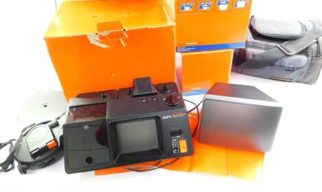 An Agfa family set, comprising automatic C100 camera, back projector for super eight film, instant picture attachment for Agfa family monitor, and a maxi screen for family monitor with four times magnification, all boxed.