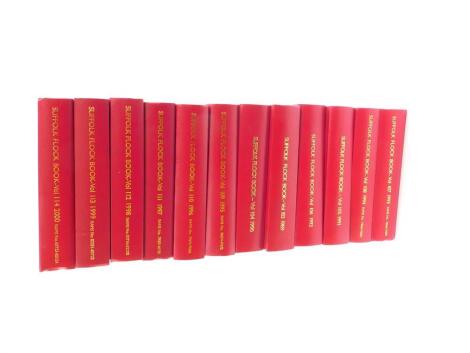 The Suffolk Sheep Flock book, volumes 103-114, gilt tooled red cloth, published by The Suffolk Sheep Society, Malvern, 1989-2000.