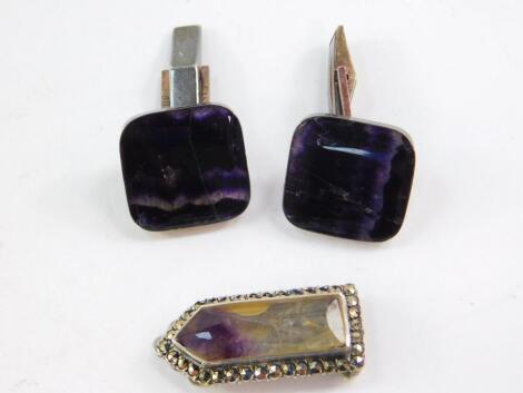 A pair of silver and Blue John cufflinks, of square form, together with a Blue John and marcasite set silver clip. (2)