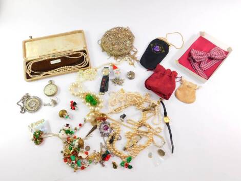 Silver and costume jewellery, including simulated pearls, silver watering can brooch, Nidor gentleman's wristwatch, gentleman's silver plated pocket watch, purses, etc. (a quantity)