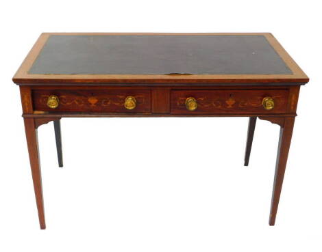 An Edwardian Hepplewhite style mahogany and inlaid lady's writing table, with a leather top, over a pair of frieze drawers, inlaid with floral urns and foliate scrolls, raised on tapering square legs, 106.5cm wide, 58.5cm deep, 71.5cm high.