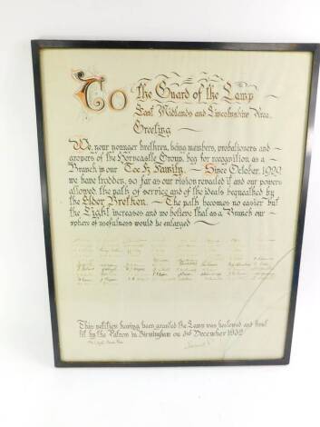 A framed Guard of the Lamp greeting signed by Edward Prince of Wales, later King Edward VIII, on 3rd December 1932, relating to brethren from the Horncastle group, with signatures of the brethren, 58.5cm high, 46cm wide.