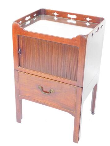 A Georgian mahogany tray top commode, with a tambour front compartment over a pull out drawer with ceramic insert and wooden lid, raised on square legs, 50cm wide, 40cm deep, 79cm high.