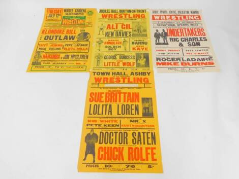 Four 1960's wrestling box office posters for The Grove Sports Centre Balderton Newark., Jubilee Hall, Burton on Trent., Town Hall, Ashby., and The Wintergardens, Cleethorpes, 78cm x 53cm, all unframed.