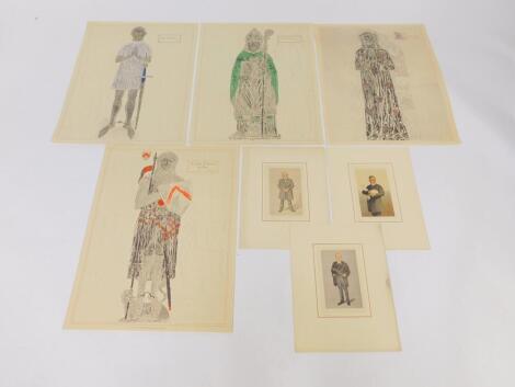 Three reproduction SPY prints, produced by The Petrolagar Laboratories USA., depicting Sir William Crooks., Louis Pasteur., and Rudolph (Ludwig Karl Varchow)., and some reproduction brass rubbings, all unframed.