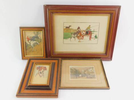 E Milley. Equestrian Cartoon of figures with horses and trap, pen and ink with wash, signed, 24cm x 33cm, together with a small hunting sketch cartoon by the same artist, a copy of a study by Cecil Alden of a small terrier, and a topographical print of Ne