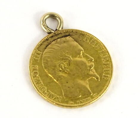 A French Napoleon III bare head, 20 franc coin mounted with a loop, 6.4g all in.