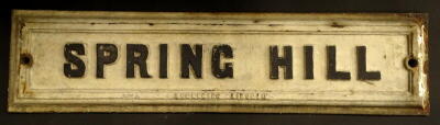 A late 19th/early 20thC cast iron street sign for Spring Hill, Lincoln, stamped Duckering, Lincoln, 25cm x 96cm. The firm of Charles Duckering was established in Lincoln in 1845.