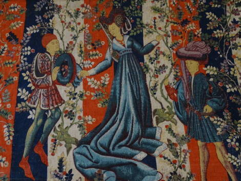 Baillée des Roses. Reproduction of a French 16th Centure Tapestry, by Robert Four of Aubusson, Paris, printed fabric, number 908, 130cm x 170cm.