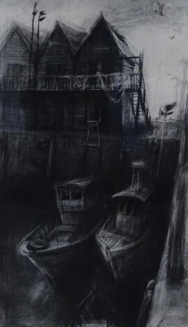 Sarah Spencer (British 1965). Whitstable Harbour, 1992, charcoal, 53cm x 30cm. Provenance: Louise Pickering Fine Art.