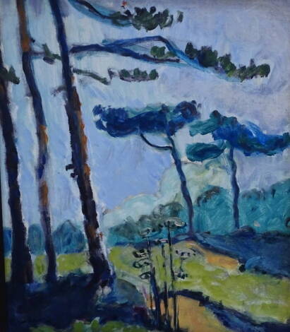 Peter Lewis (British). Scots Pines, oil on board, 52cm x 43cm. Provenance: Louise Pickering Fine Art.