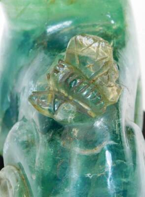 A pair of Chinese carved green quartz figures of felines, each on wood base, 19th/20thC, 8cm high. - 8