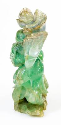 A Chinese carved green quartz sculpture of Hehe Erxian, the heavenly twins, gods of harmony and union, formed as boys holding flowers, formed as two figures in an arbour, 19th/20thC, 12cm high. - 2