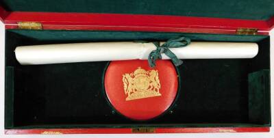 India interest. The House of Lords Warrant and Crest for Lord Hailey, comprising of decorative scroll and circular crest in Moroccan red leather case, with GR King George crest, in an outer Moroccan red leather box, manufacturers to HM Staty Office John P - 2