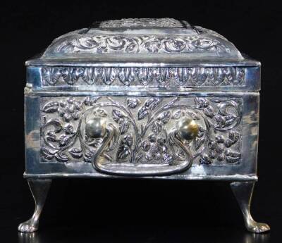 An early 20thC Indian ceremonial freedom casket, of rectangular compressed sarcophagus form, heavily repousse decorated with an outline of scrolls and flowers, with side handles, on compressed hairy paw feet, with further panels of repousse decorated scro - 5