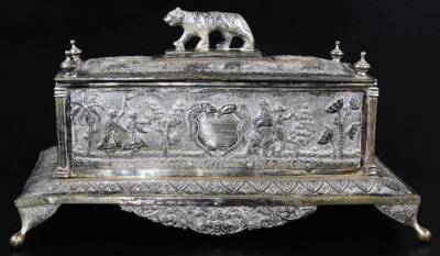 An early 20thC Indian ceremonial freedom casket, of rectangular form with tiger knop, urn finials and raised with various figures on elephants, trees and flowers, on a shaped base, with elongated orb feet and a shaped front apron repousse decorated with s - 2