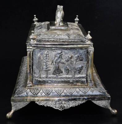 An early 20thC Indian ceremonial freedom casket, of rectangular form with tiger knop, urn finials and raised with various figures on elephants, trees and flowers, on a shaped base, with elongated orb feet and a shaped front apron repousse decorated with s - 5