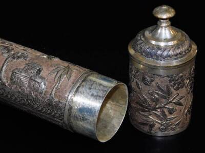 An early 20thC Indian ceremonial freedom casket, of cylindrical form, on fixed stand, heavily repousse decorated with oversized flowers, leaves, figures, and buildings, with a central cartouche presented to His Excellency Sir William Malcolm Hailey Govern - 5