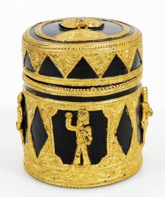 Various 20thC Burmese papier mache items, to include a cylindrical jar, raised with various figures and flowers, in gilt and black, a similar decorated jar and cover, 10cm high, bowl and a highly decorative black lacquered jar and cover, raised with eleph - 12