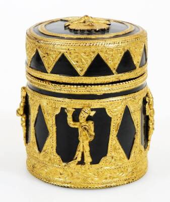 Various 20thC Burmese papier mache items, to include a cylindrical jar, raised with various figures and flowers, in gilt and black, a similar decorated jar and cover, 10cm high, bowl and a highly decorative black lacquered jar and cover, raised with eleph - 14