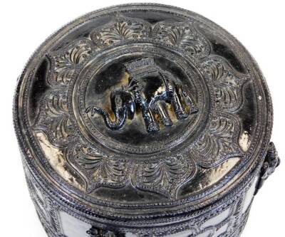 Various 20thC Burmese papier mache items, to include a cylindrical jar, raised with various figures and flowers, in gilt and black, a similar decorated jar and cover, 10cm high, bowl and a highly decorative black lacquered jar and cover, raised with eleph - 22