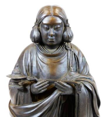 A Japanese bronze figure of Prince Shotoku, holding a temple incense burner by Ishikawa Mitsuaki (1852 - 1913), seal mark, inscribed wood box. Ishikawa Mitsuaki studied Kano School painting and sculpture under his father, a wood carver who worked for th - 5