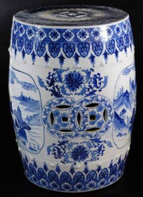 A 20thC Chinese blue and white porcelain barrel seat, of cylindrical form, with pierced top and raised orb decoration, the pierced body decorated with panels of scenes broken by entwined shrubs and flowers with a lower repeat geometric florally pattern ba - 2