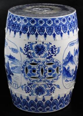 A 20thC Chinese blue and white porcelain barrel seat, of cylindrical form, with pierced top and raised orb decoration, the pierced body decorated with panels of scenes broken by entwined shrubs and flowers with a lower repeat geometric florally pattern ba - 4