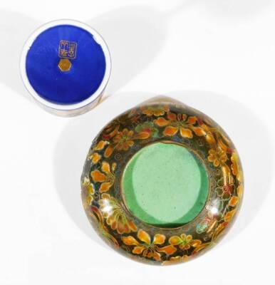 A 20thC Chinese cloisonne bowl, of compressed circular form profusely decorated with flowers, with a blue interior, 10cm diameter, a further cloisonne bowl and a small quantity of other wares, celadon green glazed bowl, vases, kettle, etc. (a quantity) - 25