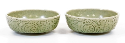 A pair of 2000 Thailand celadon bowls, each of flower head form, impressed marks beneath, 13cm wide, a further pair of celadon bowls textured with flowers of circular form and a further celadon bowl raised with figures, a Thai style double gourd vase, Jap - 14