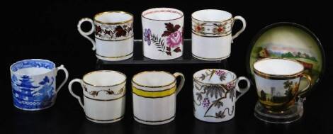 Various 18th and 19thC coffee cans, to include Spode, of cylindrical form with an upper floral gilt highlighted banding set with orange dots, 7cm high, a Pinxton cup with ear shaped handle and upper gilt floral and double line banding, various others, to 