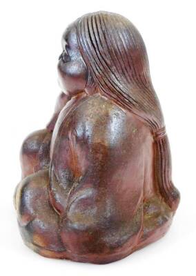 A Japanese Bizen figure of Okame, smiling blissfully as she pleasures herself, Meiji period, 15.5cm high. - 2