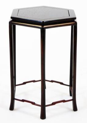 A Japanese hexagonal hardwood stand, with tapered splayed legs, 23cm high, and another square hardwood stand, mid 20thC, 19.8cm high. - 2