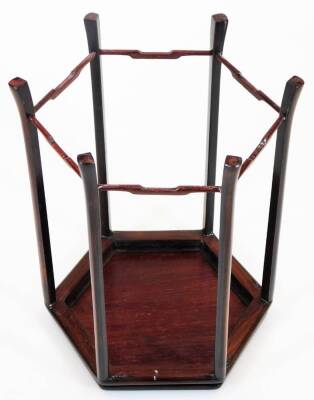 A Japanese hexagonal hardwood stand, with tapered splayed legs, 23cm high, and another square hardwood stand, mid 20thC, 19.8cm high. - 4